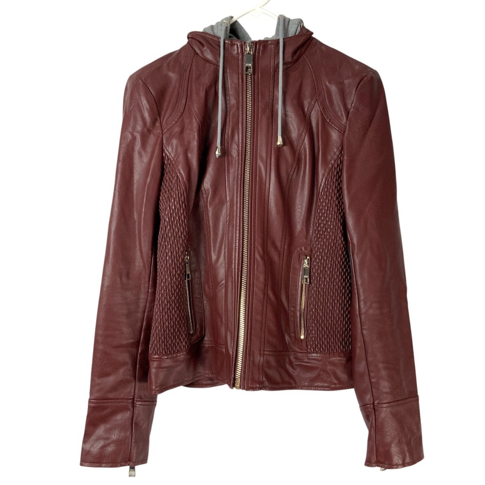 GUESS Burgundy Faux Leather Jacket S Full Zip Hooded Long Sleeve Textured Panel